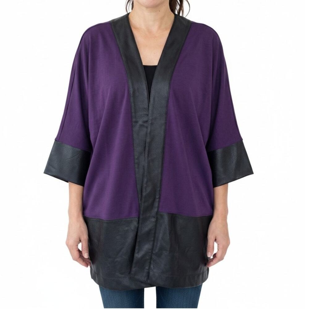 New NATORI Statement Rocker Pleather Vegan leather Trim Purple Kimono Top M/L